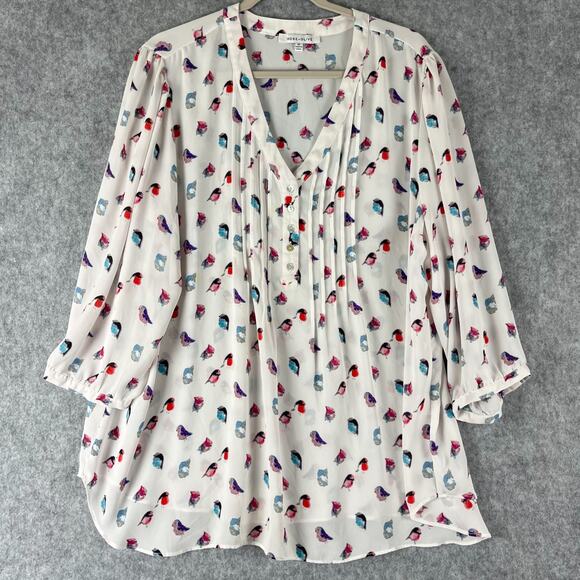 Rose Olive Tunic Top Woman 2X Bird Print 3/4 Sleeve Lightweight Pintuck Artsy - Picture 1 of 14